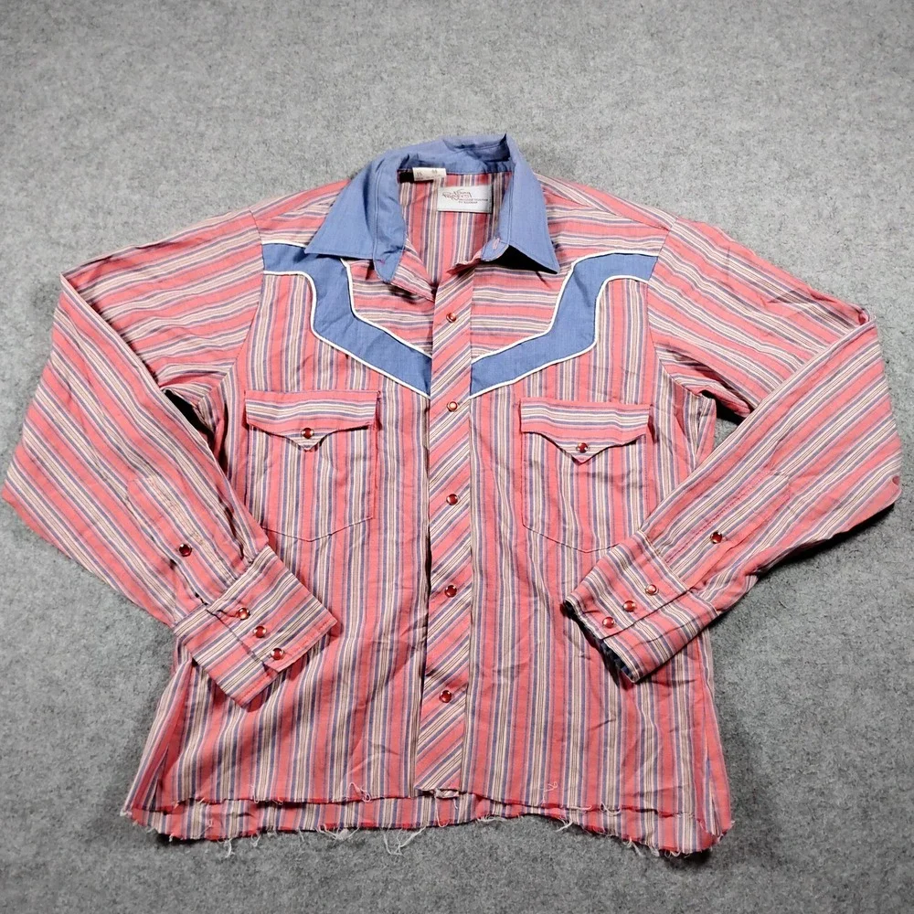 Vintage Kenny Rogers Karman Pearl Snap Western Shirt Men's 15 Pink Striped Crop